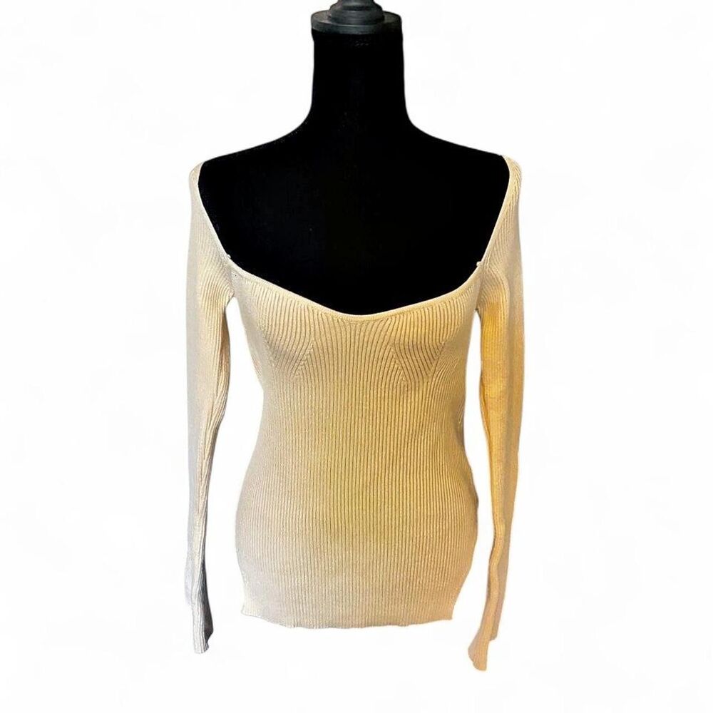 Cream Ribbed Knit Sweetheart Long Sleeve Sweater Top - Size S